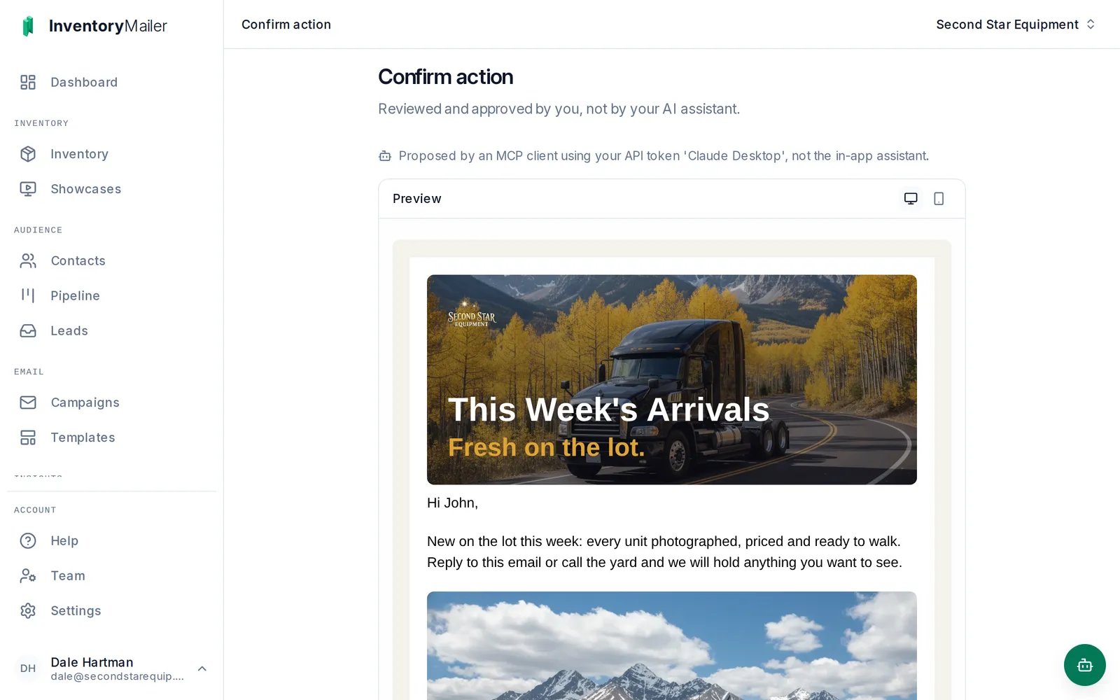 The Inventory Mailer approval page for a template edit proposed by a connected AI assistant, previewing the finished Second Star Equipment weekly-arrivals email with the rewritten intro.