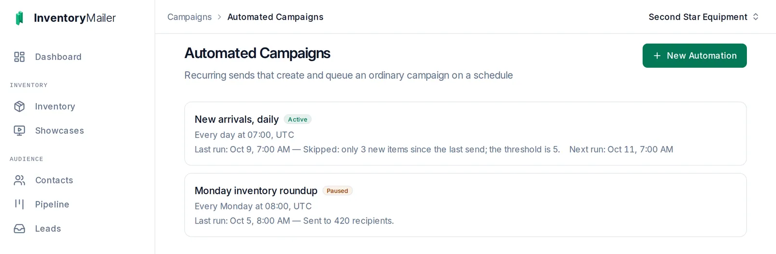 The Inventory Mailer automated campaigns list: a daily new-arrivals email that is active, and a weekly digest that is paused.
