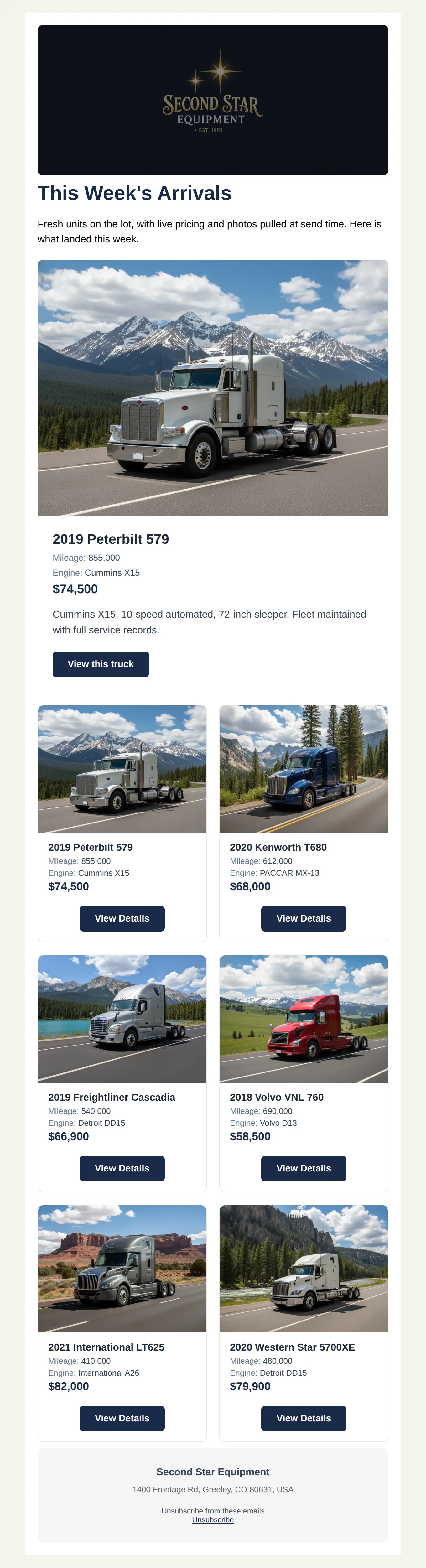 A branded Second Star Equipment weekly-arrivals email: logo header, a featured truck with photo and price, and a live grid of six trucks pulled from inventory.