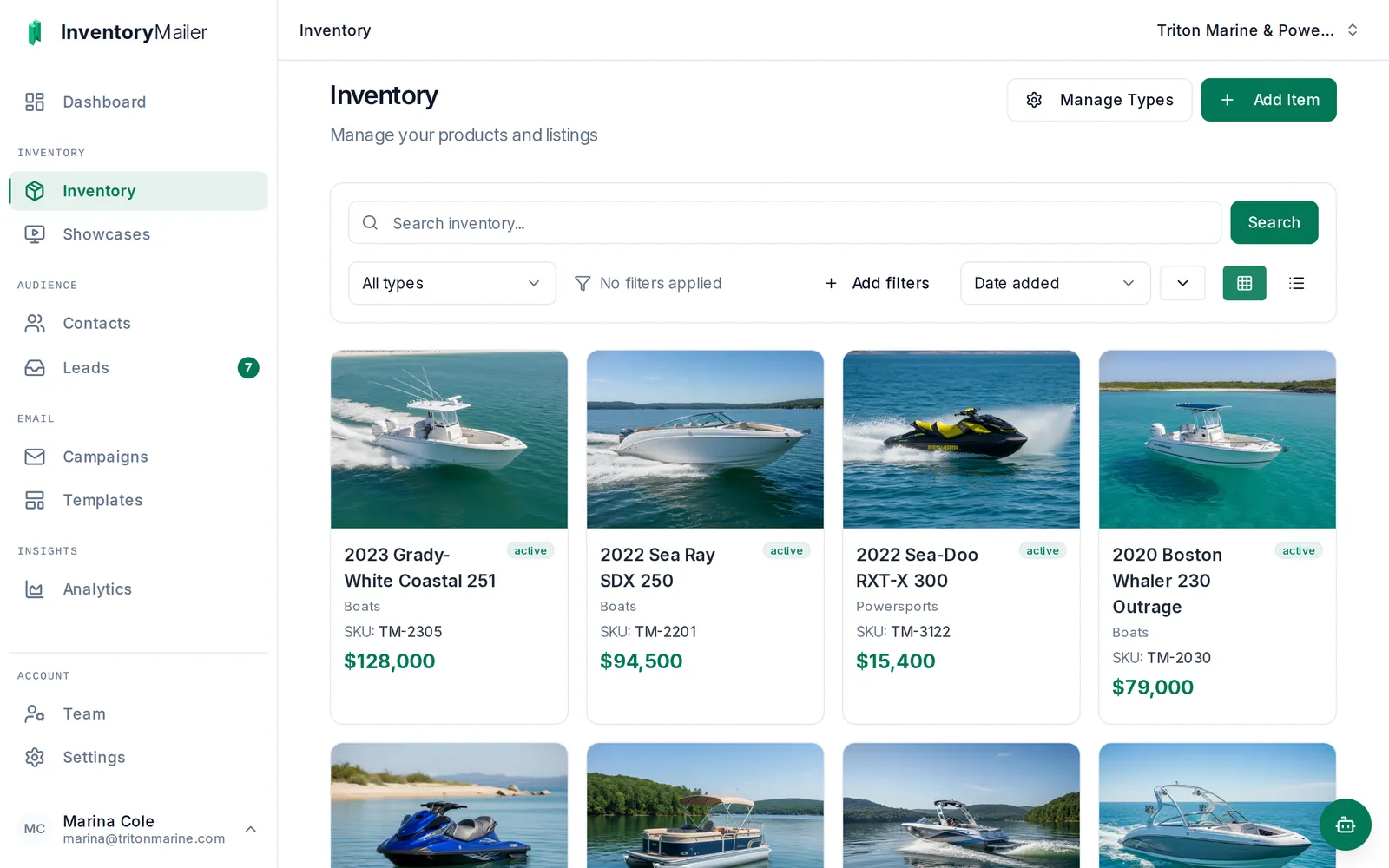 Inventory Mailer showing a boat and powersports inventory grid