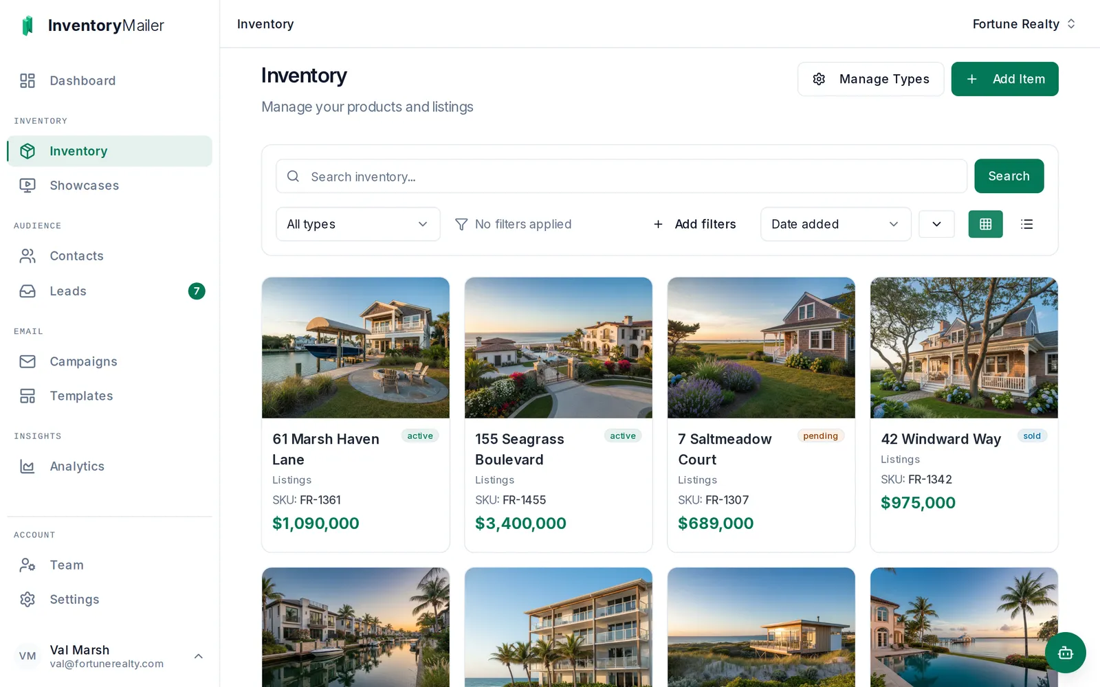 Inventory Mailer showing a coastal real estate listings grid