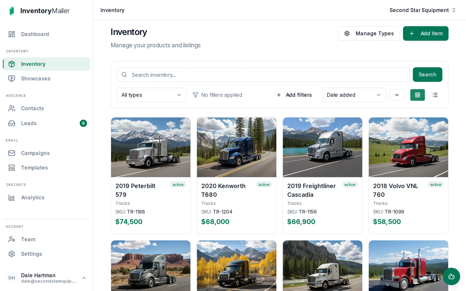 Inventory Mailer showing a truck and equipment dealer inventory grid