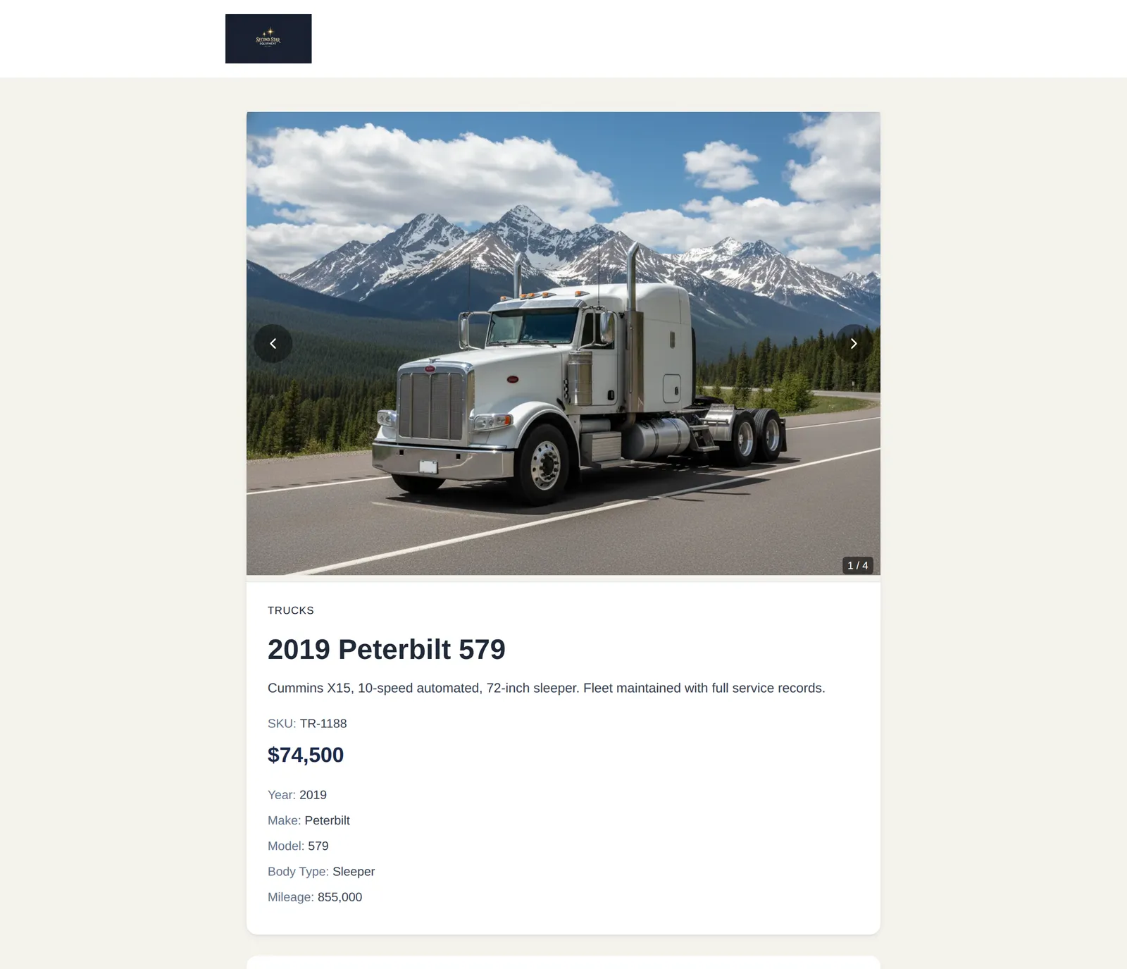 A public Inventory Mailer item page for a 2019 Peterbilt 579: photo gallery, price and specs, the assigned salesperson's contact card, and a form to ask about the item.