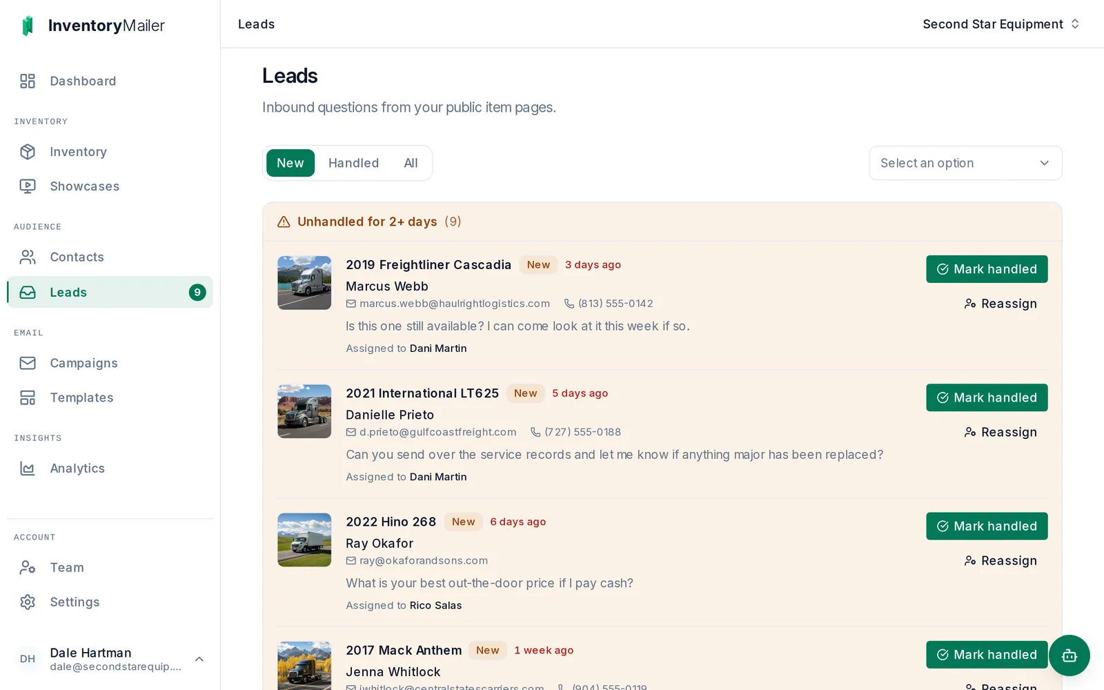 The Inventory Mailer leads inbox: inbound questions about specific trucks, each showing the buyer's name, email, phone, their message, and the rep it is assigned to.