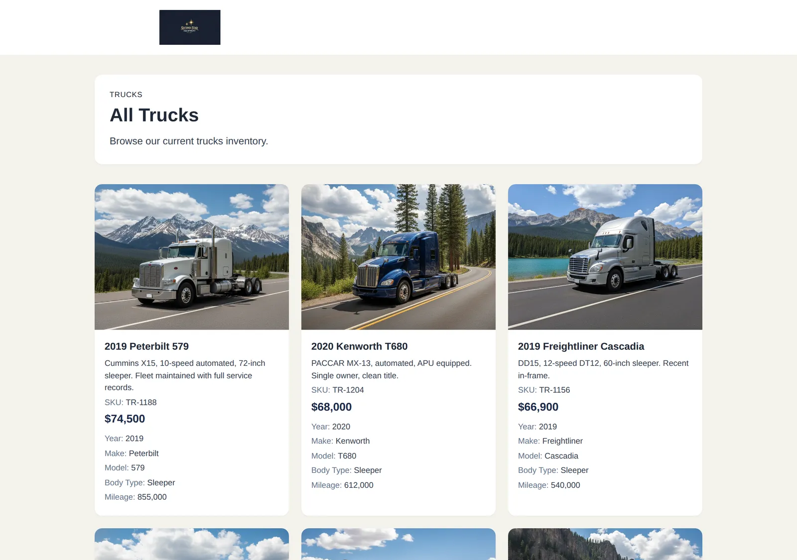 A public Second Star Equipment showcase page listing available trucks, each with a photo, price, and key specs.