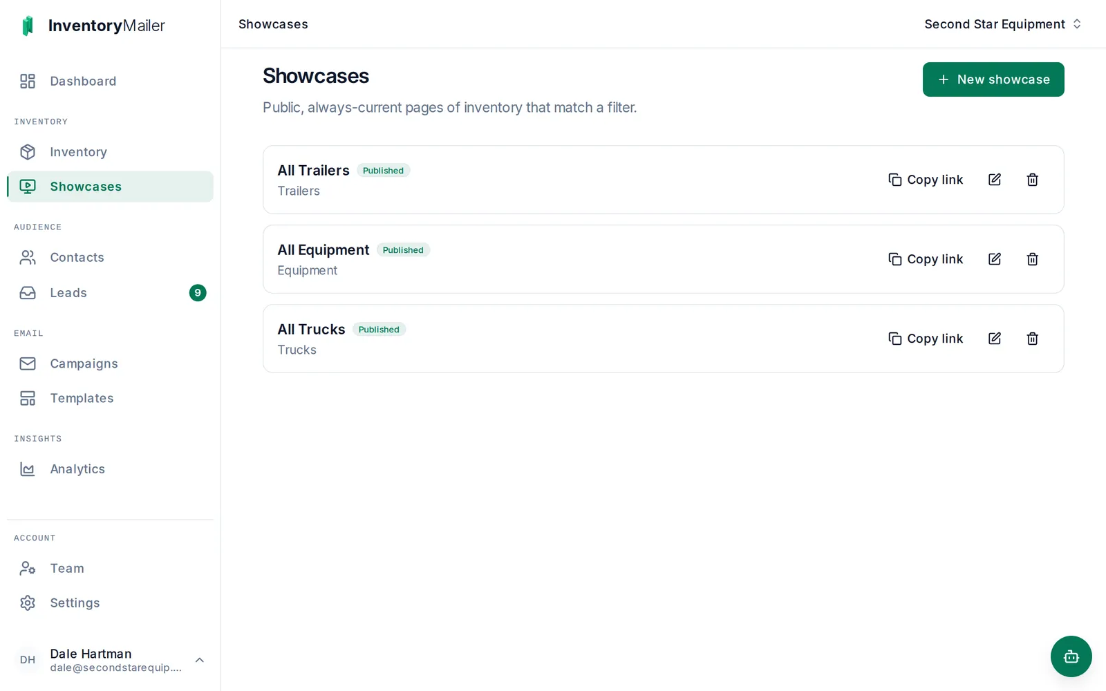 The Inventory Mailer showcases screen, listing published showcases with their public links ready to copy.